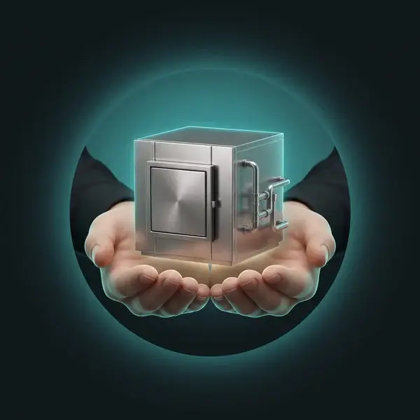 Two hands holding up a small model of a square sterilization chamber, the support PPS gives through install and start-up