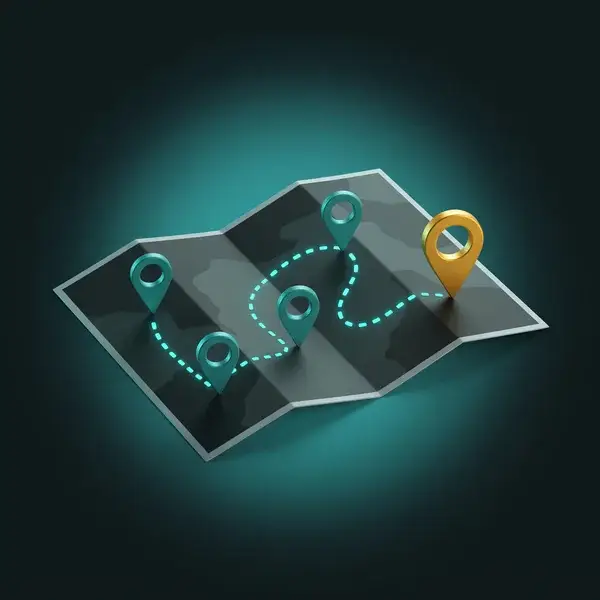 Unfolded map with a glowing teal route linking four pins to a gold pin: the load cases and approval gates of an FEA plan
