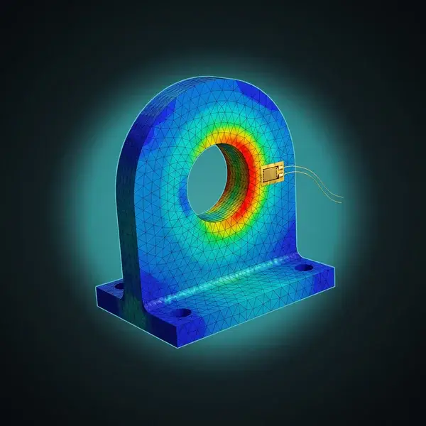 FEA stress plot of a steel lifting lug, red and orange at the pin hole, with a gold strain gauge where test data checks it
