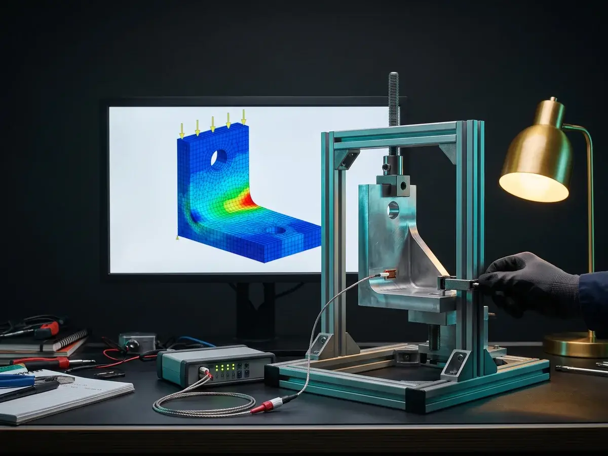 FEA simulation stress plot on a monitor behind the same aluminum bracket in a load frame, checked against strain gauge data