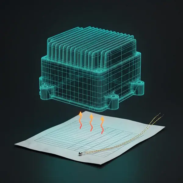 Teal wireframe of a finned drive housing with heat arrows, a data sheet and a thermocouple: inputs for FEA thermal analysis