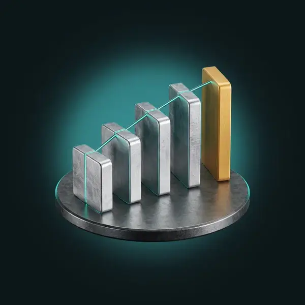 Five aluminum cooling fins in an arc, each taller than the last and the final one gold: the gates of a thermal analysis plan