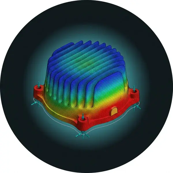 FEA thermal analysis services model of a finned housing, cool blue fins and red hot spots at the bosses where bolts hold it