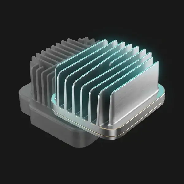 Cooler housing with fewer, taller fins in front of a faded bulky version: the design FEA thermal analysis services deliver