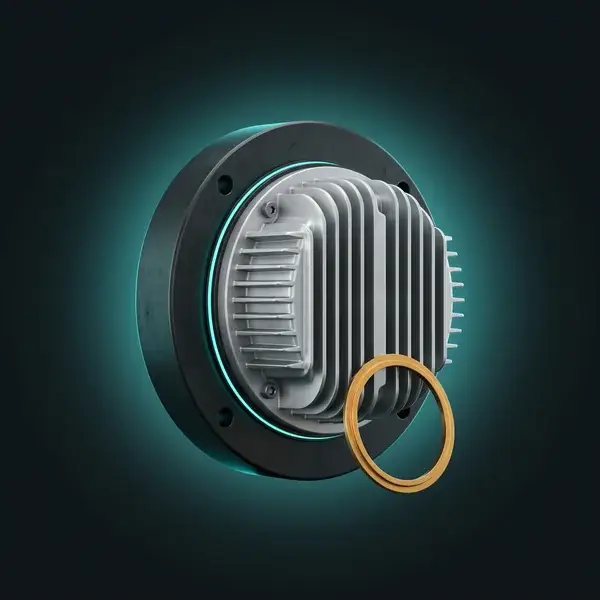 Finned housing bolted to a machine wall with a gold spare gasket ring at its base: the support after FEA thermal analysis