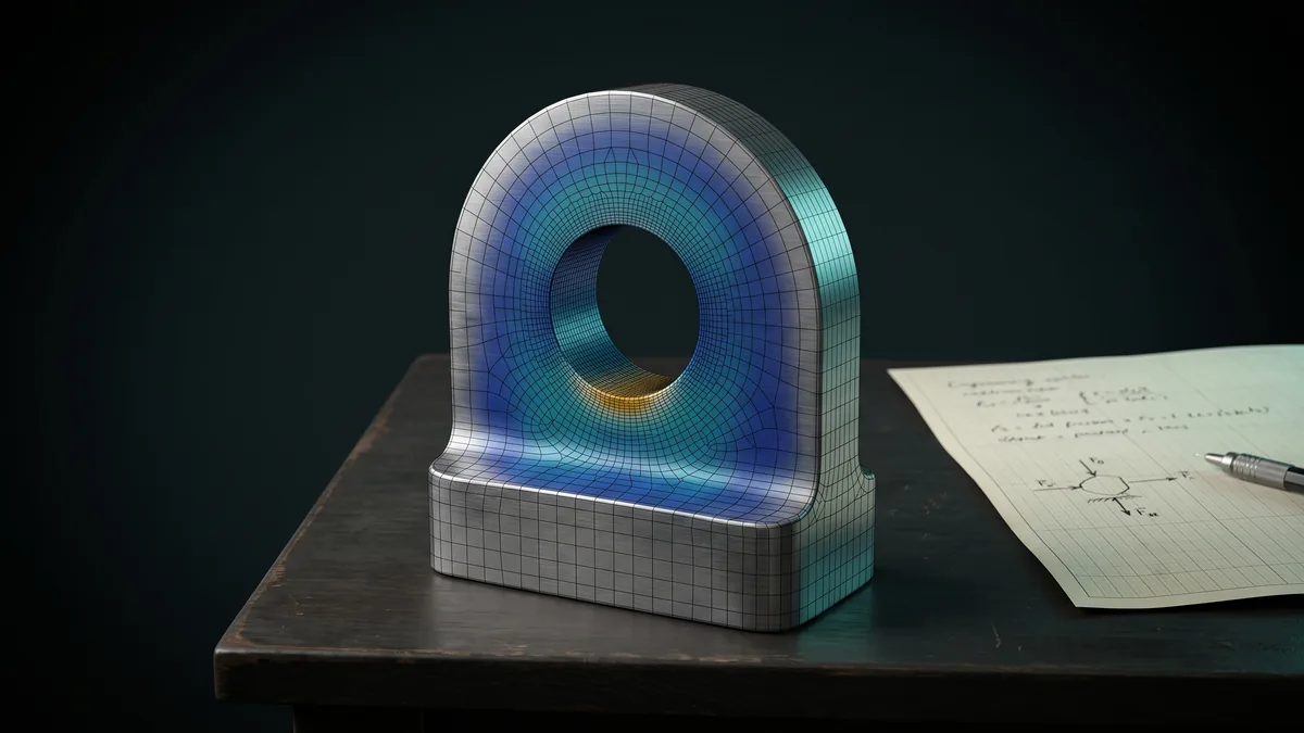 Finite element analysis mesh refining toward a stress hot spot on a lifting lug, beside a hand calculation that checks it
