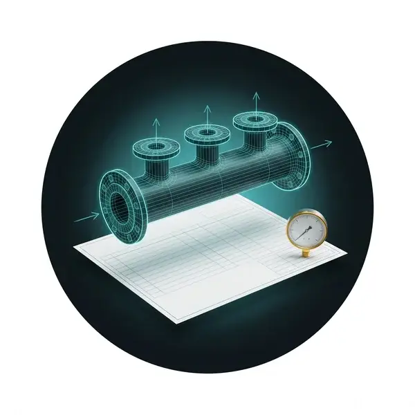 Teal wireframe of a pipe header on a blank data sheet with a pressure gauge: the process data fluid flow simulation uses