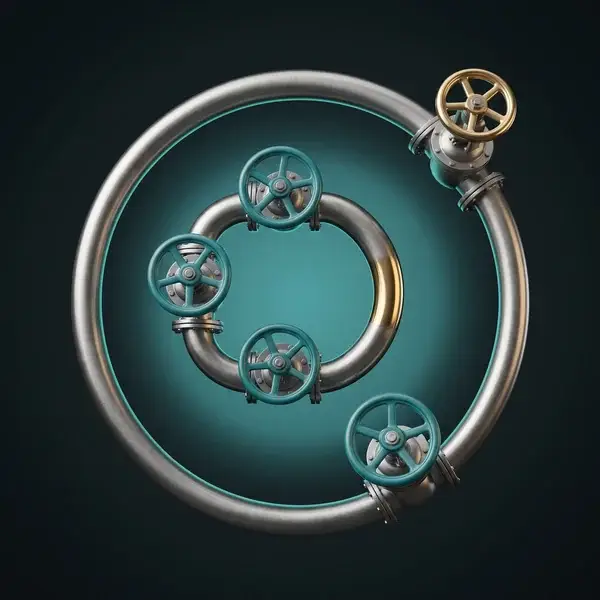 Steel pipe with four teal valves and a gold valve: the operating cases and approval gates in a fluid flow simulation plan