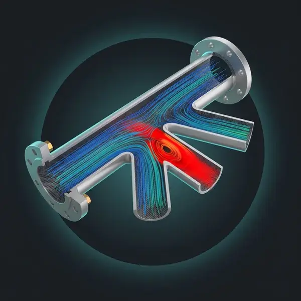 CFD model of a steel pipe header, streamlines turning red at one branch: the uneven split that fluid flow simulation finds