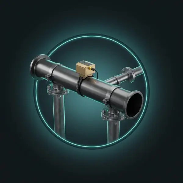 Pipe header on steel supports with a gold clamp-on flow meter in a teal ring: fluid flow simulation support after startup