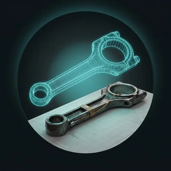 Wireframe of a connecting rod over a spec sheet by a worn field unit: the start of reliability engineering services for you
