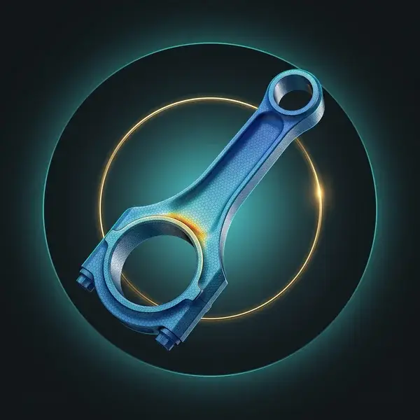 FEA of the redesigned connecting rod, a smoother blend at the small eye now low stress: the fix from reliability engineering