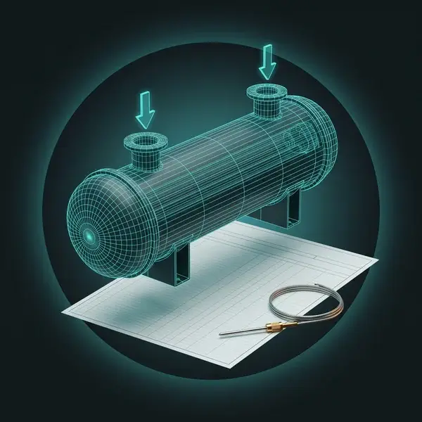 Teal wireframe of a heat exchanger on a blank data sheet with a thermocouple: the heat loads heat transfer solutions use