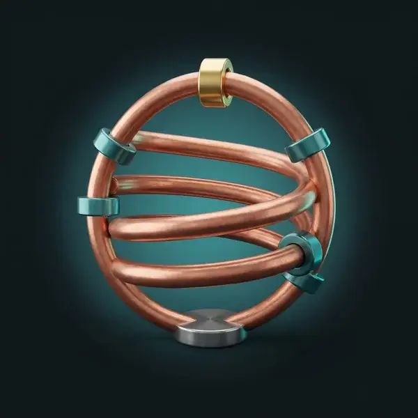 Copper coil with four teal collar rings and a gold ring on top: the temperature targets and gates in heat transfer solutions