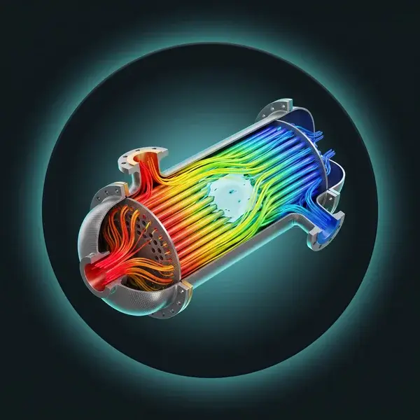 Cutaway CFD model of a heat exchanger, red at the hot inlet, blue at the outlet, where heat transfer solutions find weak flow