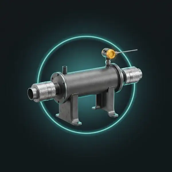 Heat exchanger on steel saddles with a gold sensor at its outlet, in a teal ring: heat transfer solutions support in service