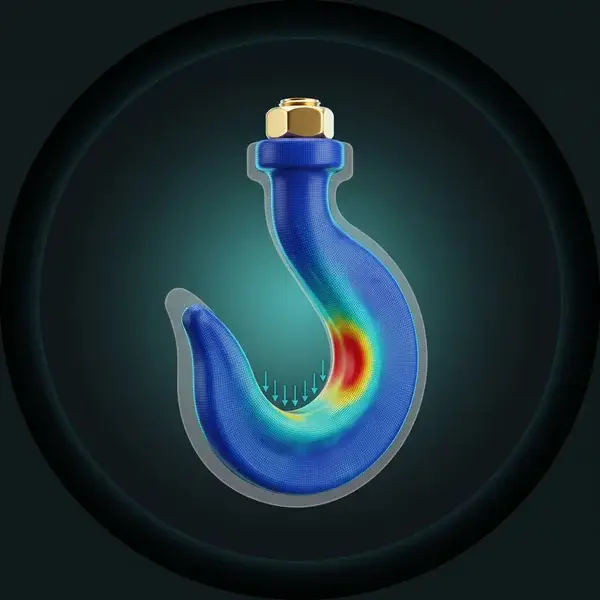 FEA of a forged crane hook with red stress on the inside of its curve under load: the analysis behind integrated engineering