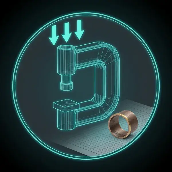 Wireframe of a C-frame press over a duty sheet with a worn bushing: the first look at your duty in machine design services