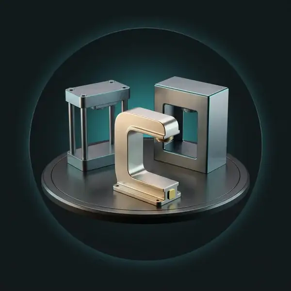 Three press frame concepts on a turntable, the C-frame in gold light: concepts ranked by cost and risk in machine design