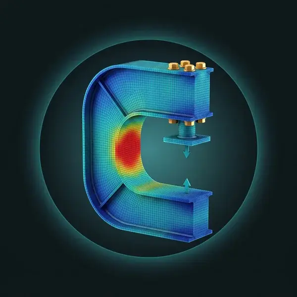 FEA of a welded C-frame press, red stress at the inside curve of the throat: the design check in machine design services