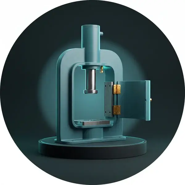 Finished C-frame press with its guard open on gold hinges to a wear plate: the released design from machine design services