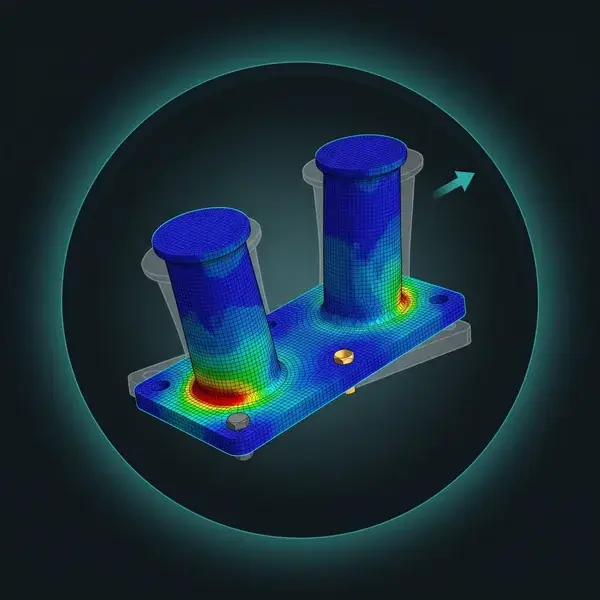 FEA model of a mooring bitt with a visible mesh and red stress at the post weld, as checked in marine engineering services