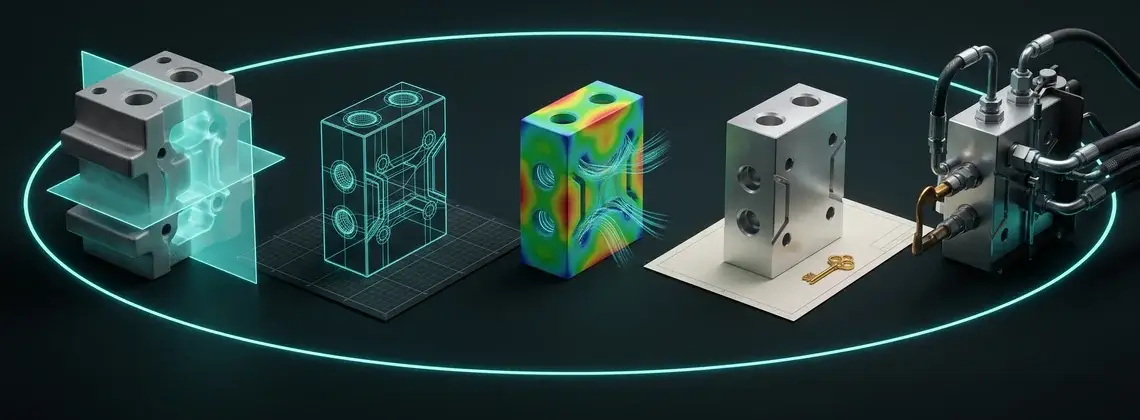 One manifold block shown five times in a teal loop, from assessment to support: a mechanical engineering consultant's process