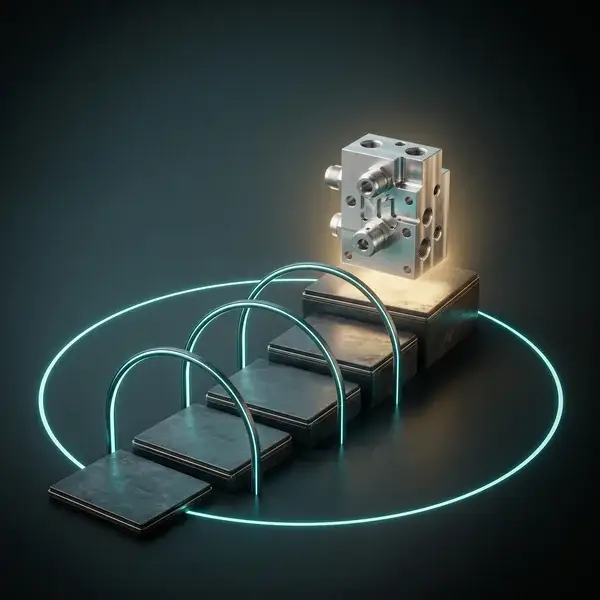 Stepping platforms with teal gates up to a finished manifold block: the roadmap a mechanical engineering consultant builds