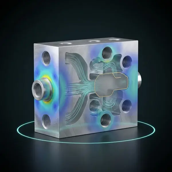One manifold block with stress colors, flow lines, and a gold outline: a mechanical engineering consultant checking it all