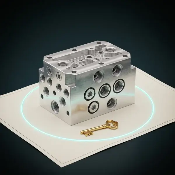 Finished manifold block on a drawing sheet with a gold key: the design and IP a mechanical engineering consultant hands over