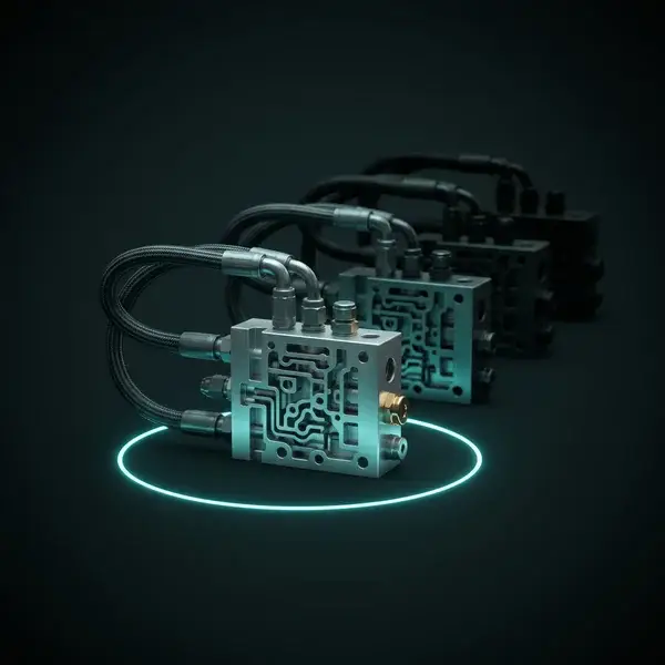 Installed manifold blocks, the front one lit in teal: a mechanical engineering consultant supporting the part in production