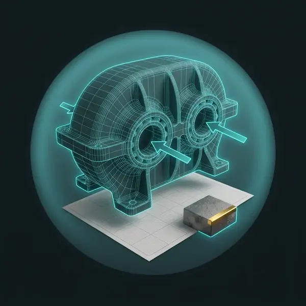 Teal wireframe of a gearbox housing with load arrows over a blank data sheet: the data mechanical engineering services review