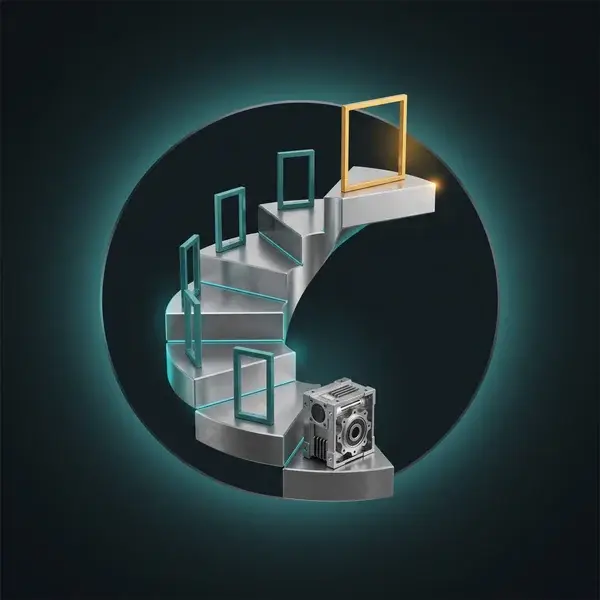 Steel steps rising past four teal gates to a gold one: the gated roadmap behind our mechanical engineering services work
