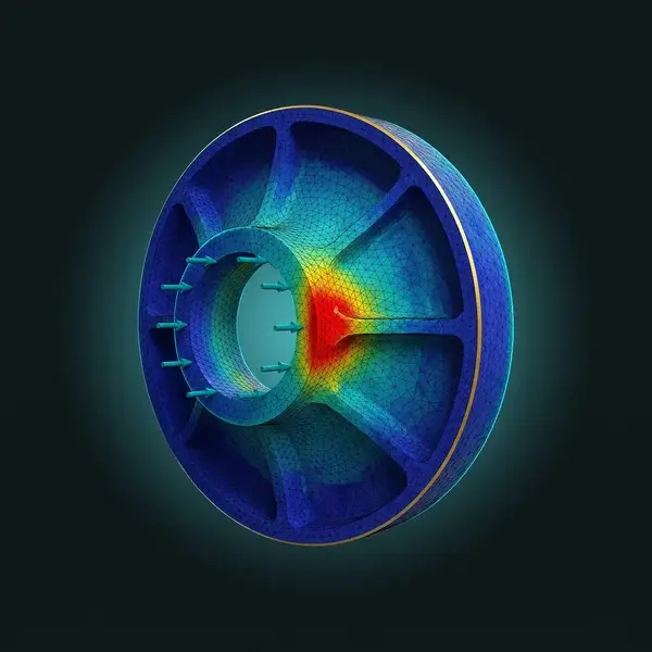 FEA model of a gearbox housing, mesh visible, red at the bearing bore rib where load peaks: mechanical engineering services