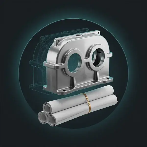 Gearbox housing model above rolled drawings tied in gold: the design package that mechanical engineering services hand over