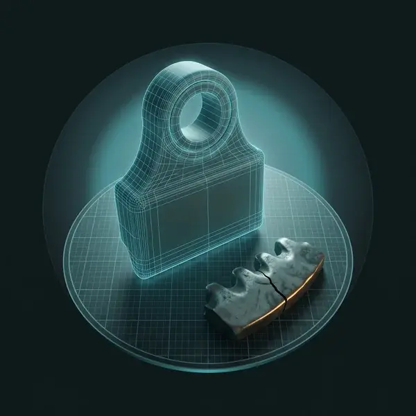 Teal wireframe of a crusher pitman over a blank sheet and a cracked jaw plate: input to mining equipment engineering services
