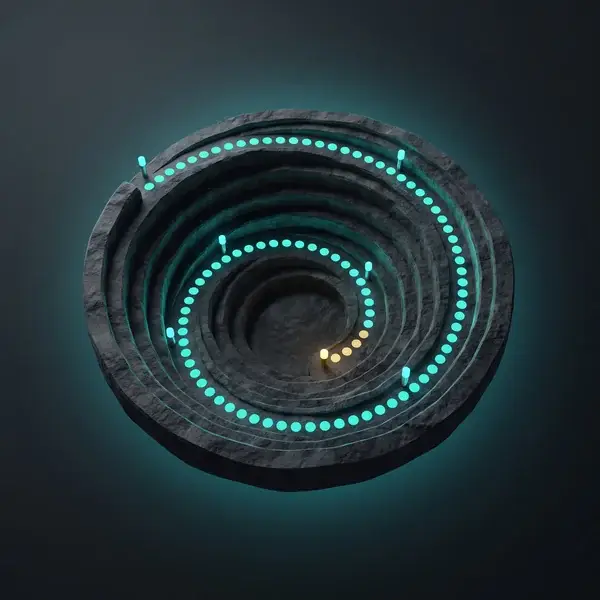 Pit model with a teal haul road past four markers to a gold one, the gated plan of mining equipment engineering services
