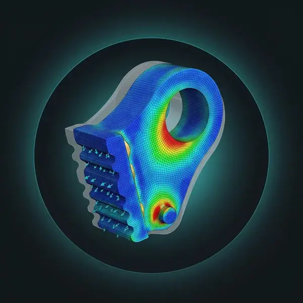 FEA model of a crusher pitman with a visible mesh and red stress at the bearing bore, checked in mining equipment engineering