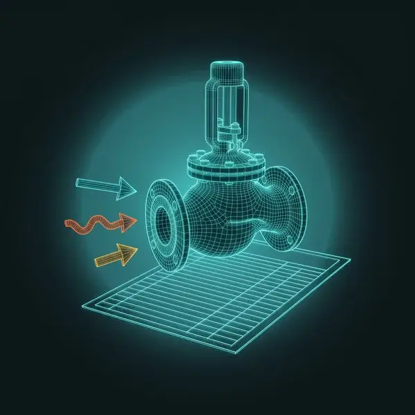Teal wireframe of a valve with flow, heat, and load arrows over a data sheet: the inputs for multiphysics simulation services