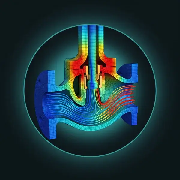 Multiphysics simulation services model of a cut valve body, flow streamlines inside, red stress where the bonnet neck joins