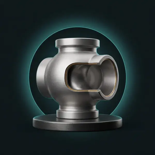 Finished valve body on a plinth, a gold line tracing its smooth inner passage: the design multiphysics simulation delivers