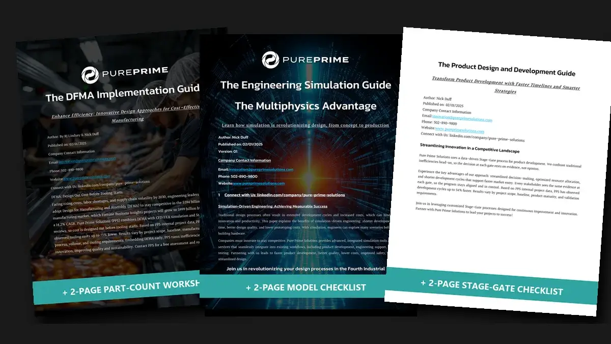 Covers of three free new product development guides from PPS, each with a 2-page worksheet or checklist for engineering teams