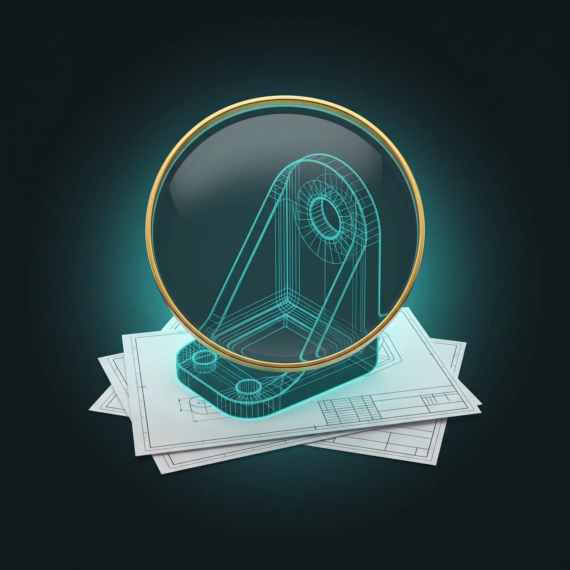 Magnifying lens over a teal CAD wireframe of a bracket on client drawings, the first review in a nonlinear analysis FEA job