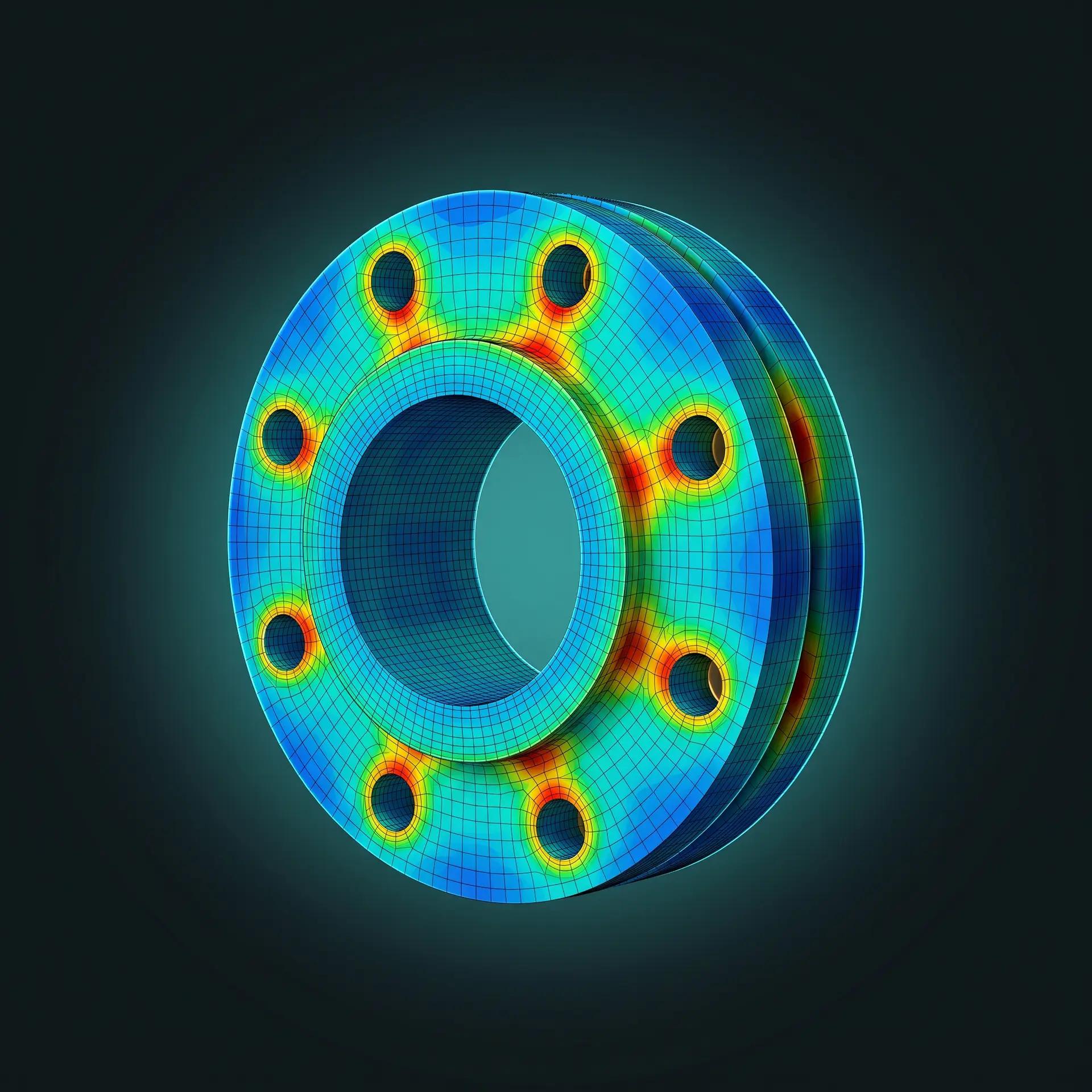 Nonlinear analysis FEA stress plot of a pipe flange, with red and orange bands around the bolt holes where contact loads peak