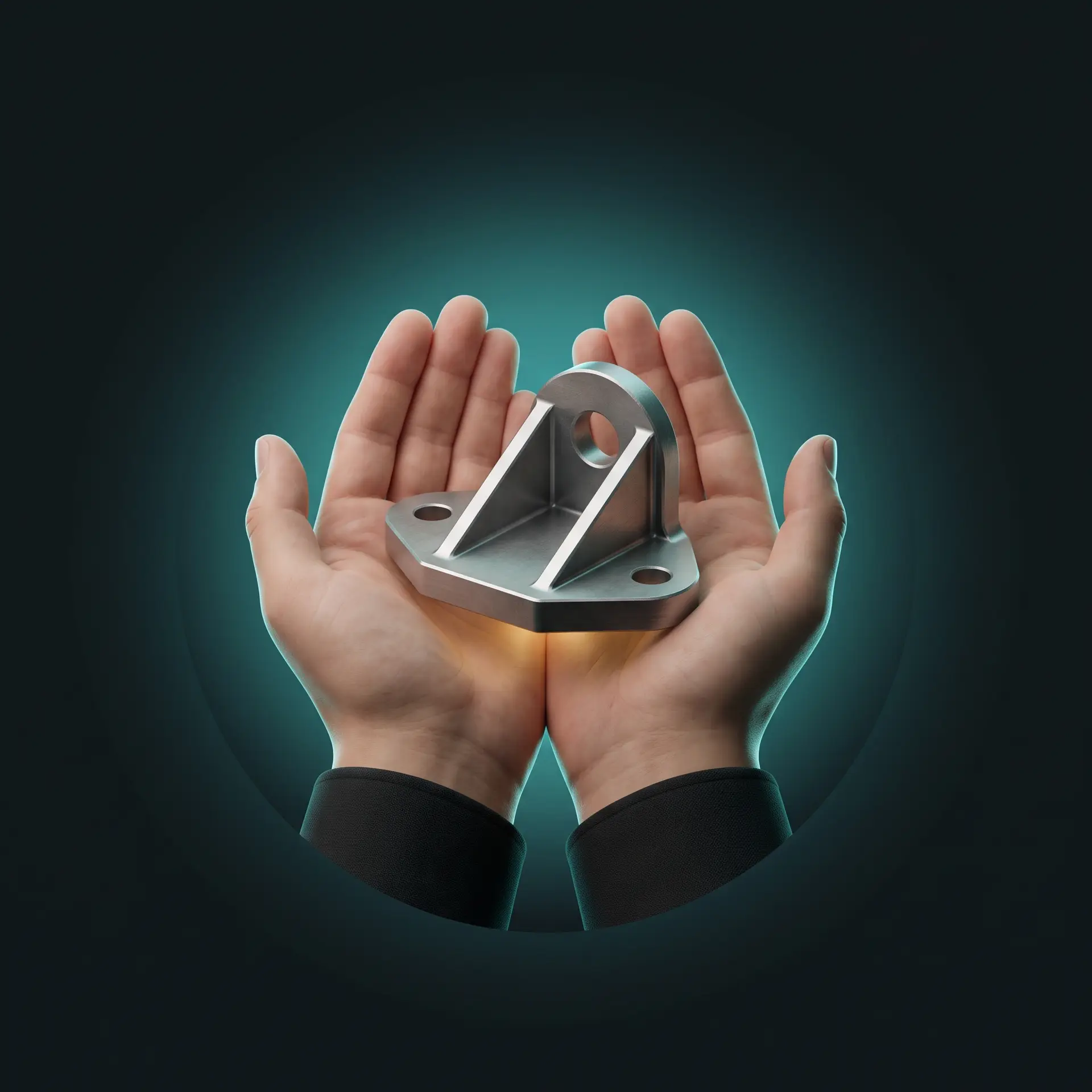 Hands holding up a machined bracket, showing the support PPS gives after delivering a design proven by nonlinear analysis FEA