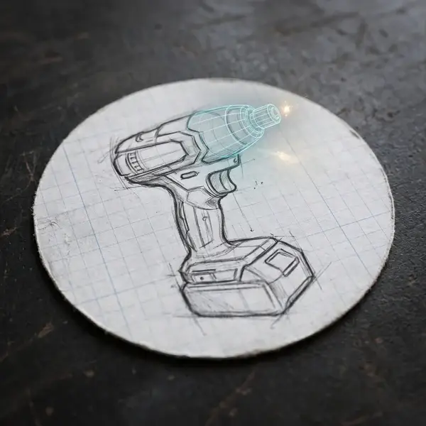 Pencil sketch of a cordless tool turning into a 3D wireframe