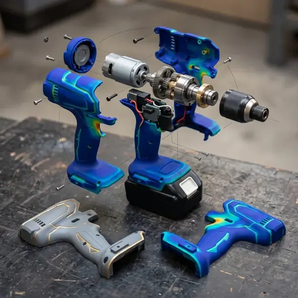 Exploded tool assembly with stress colors and a prototype housing