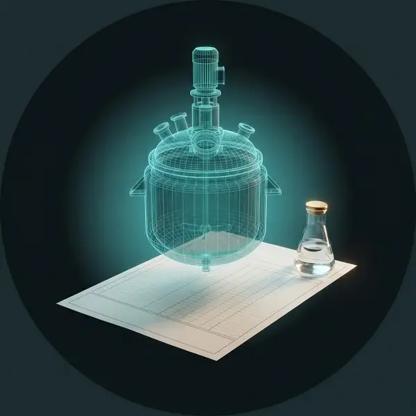 Teal wireframe of a jacketed reactor over a blank sheet and a sample flask: data pharmaceutical engineering consultants use