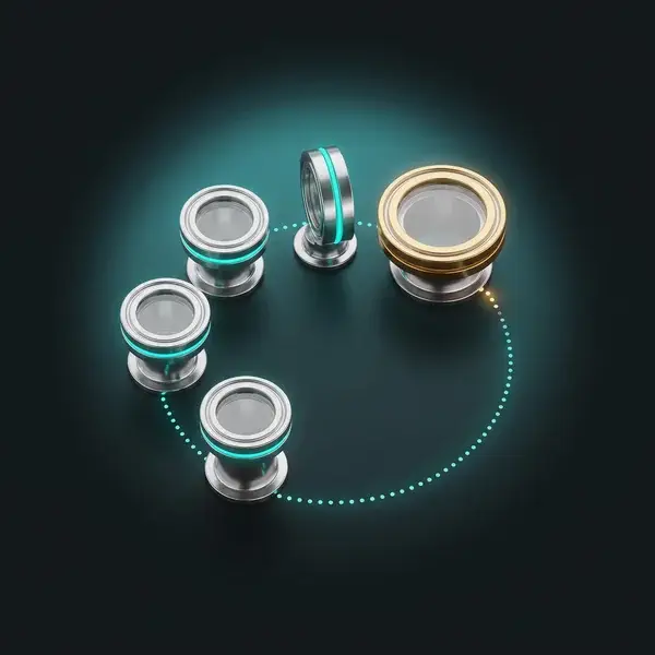 Sight glasses on a teal path, the last banded in gold: the validation roadmap set by pharmaceutical engineering consultants