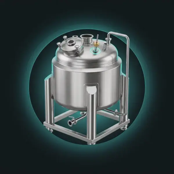 Jacketed reactor on a stainless skid with a gold-collared probe, showing support by pharmaceutical engineering consultants